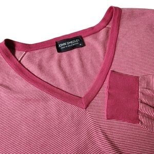 JOHN SMEDLEY Sea Island Cotton sweater V neck striped pink medium made in UK